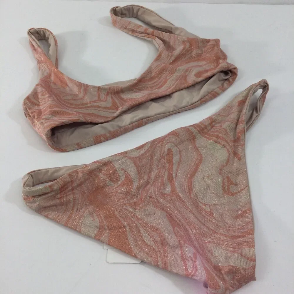 L*Space Lizzie Tie Dye Peach Pink Shimmer Camacho 2 Pc Bikini Top & Bottom M NWT